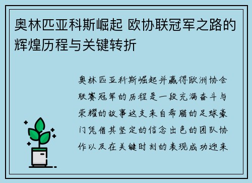 奥林匹亚科斯崛起 欧协联冠军之路的辉煌历程与关键转折