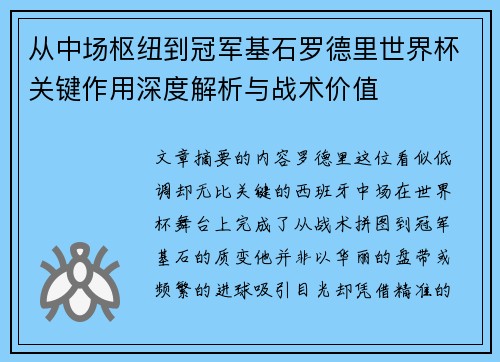 从中场枢纽到冠军基石罗德里世界杯关键作用深度解析与战术价值