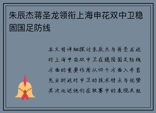 朱辰杰蒋圣龙领衔上海申花双中卫稳固国足防线